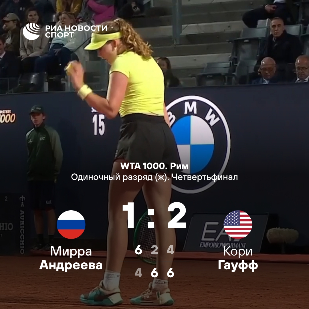 Мирра Андреева проиграла Кори Гауфф в четвертьфинале турнира WTA 1000 в Риме