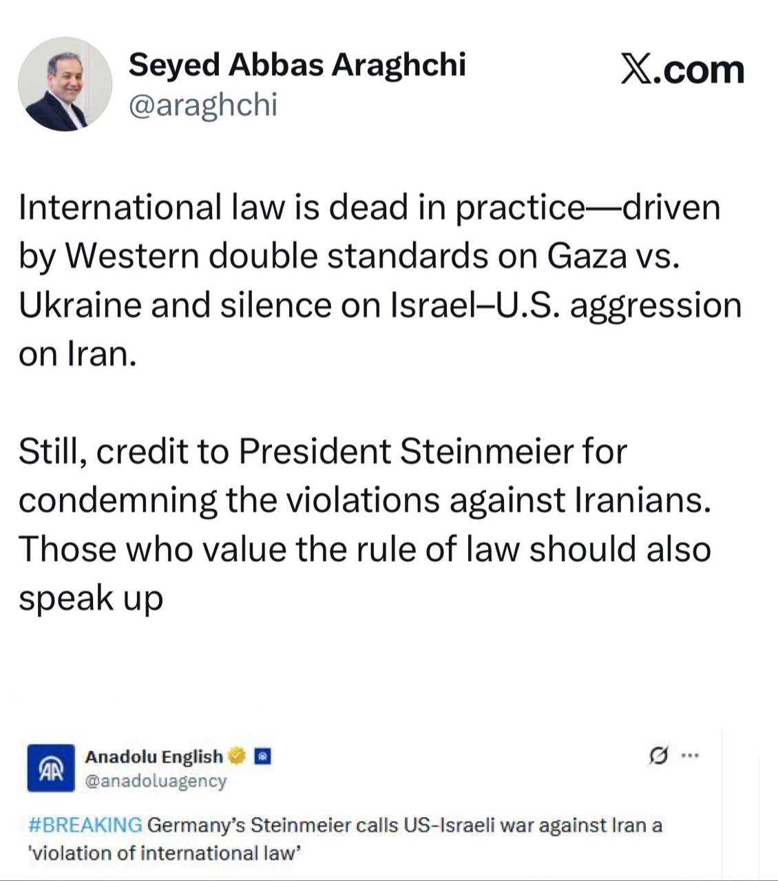 Иранский министр критикует двойные стандарты Запада и благодарит Германию