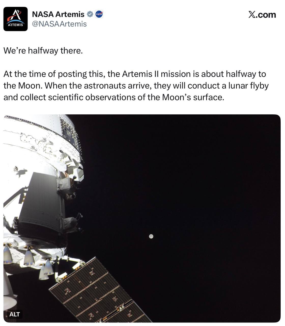 Корабль «Орион» достиг середины пути к Луне в рамках миссии «Артемида II»