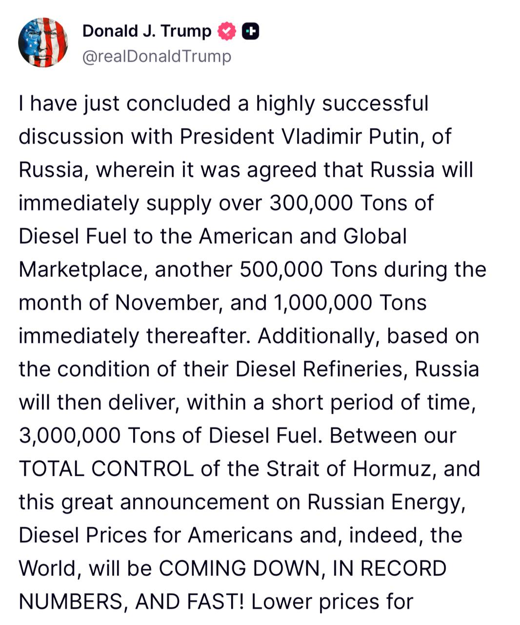 Трамп объявил о договорённости с Путиным о поставках российского дизтоплива