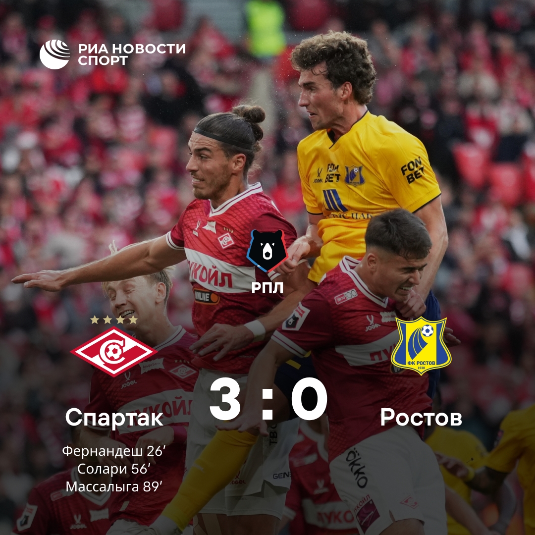 «Спартак» разгромил «Ростов» со счётом 3:0 в матче РПЛ