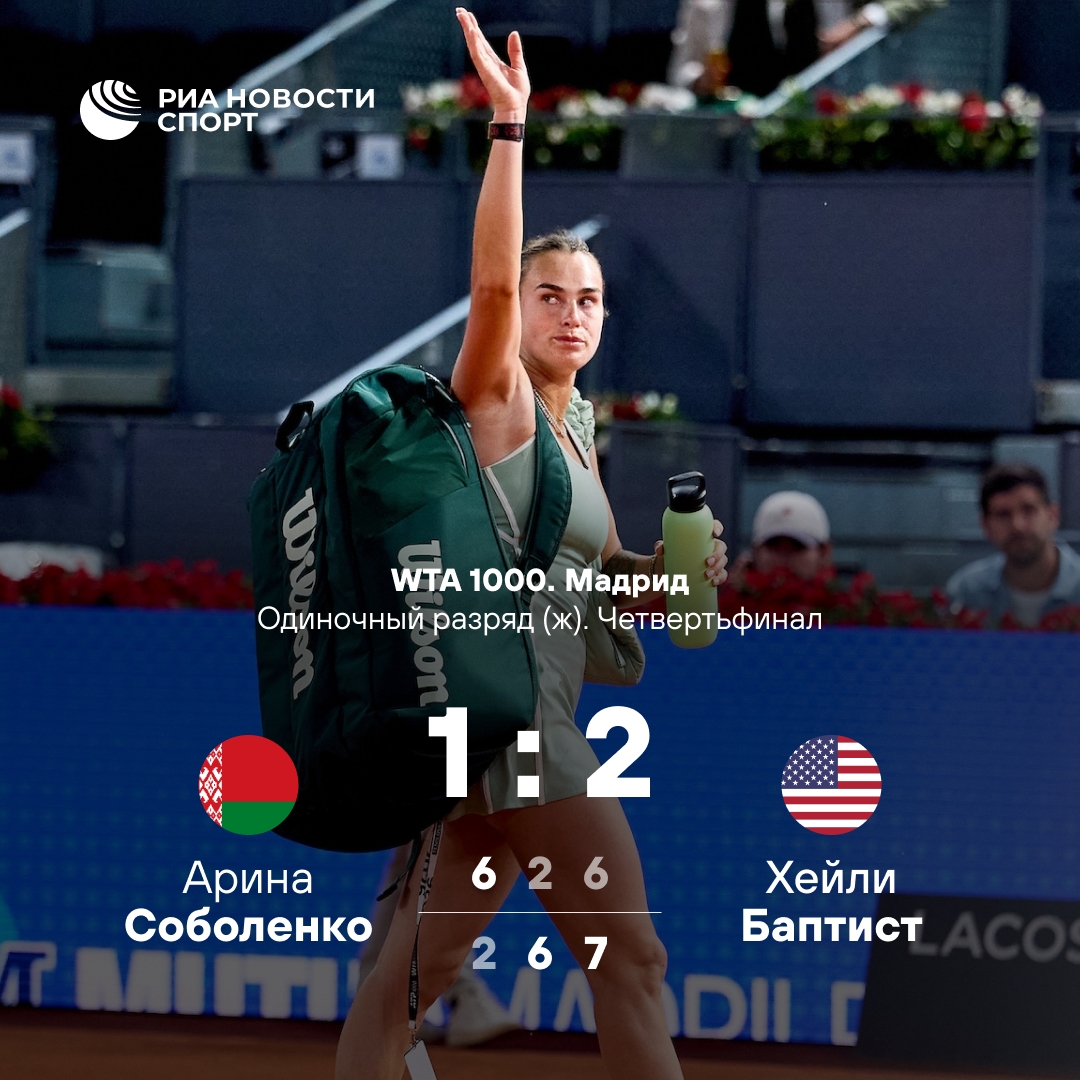 Арина Соболенко уступила в четвертьфинале Мадрида, не реализовав шесть матчболов