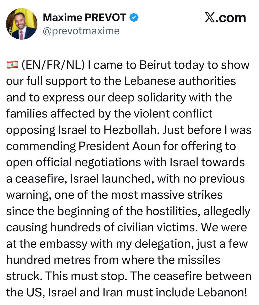 Глава МИД Бельгии о массированном израильском ударе в Бейруте