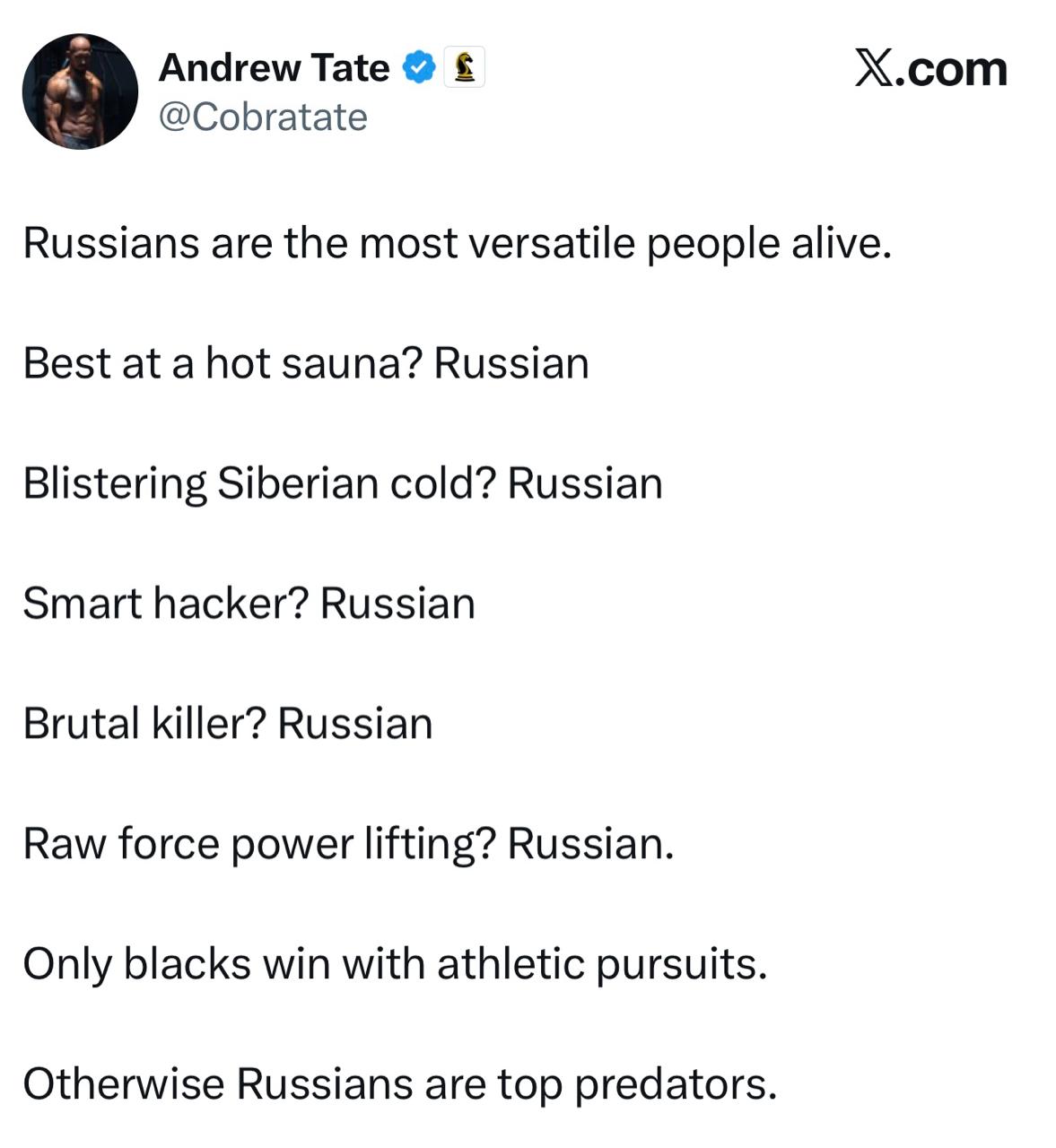 Эндрю Тейт назвал русских вершиной пищевой цепи